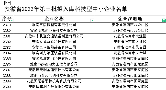 淮南市科技型中小企業名單